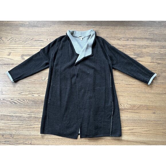 Eileen Fisher Black Gray Long Duster Open Front Wool Cardigan  Women's Size XL - Picture 3 of 12